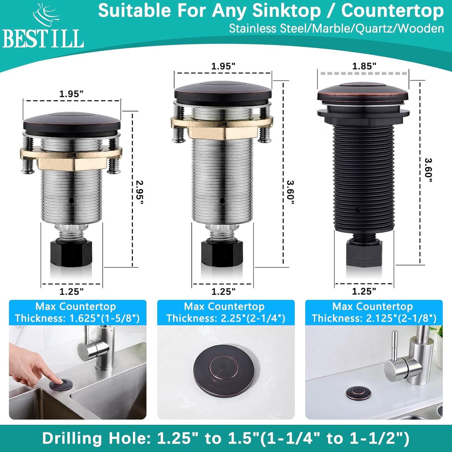 BESTILL Garbage Disposal Air Switch Kit-UL Listed, Cordless Sink Top Switch Button for Waste