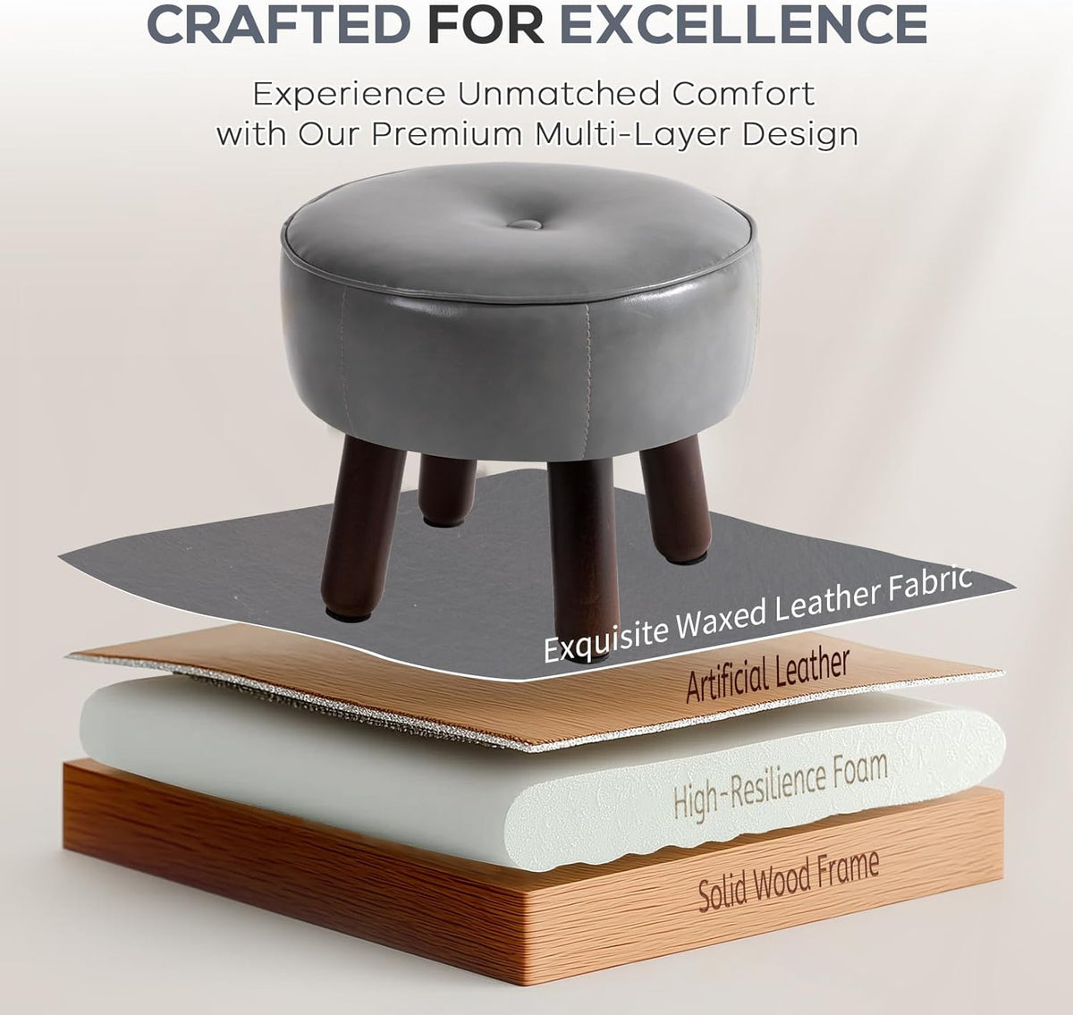 Ottoman, Small Foot Stool, Round Leather Pouf Ottoman, 13''L x 13''W x 10.2''H Foot Rest with