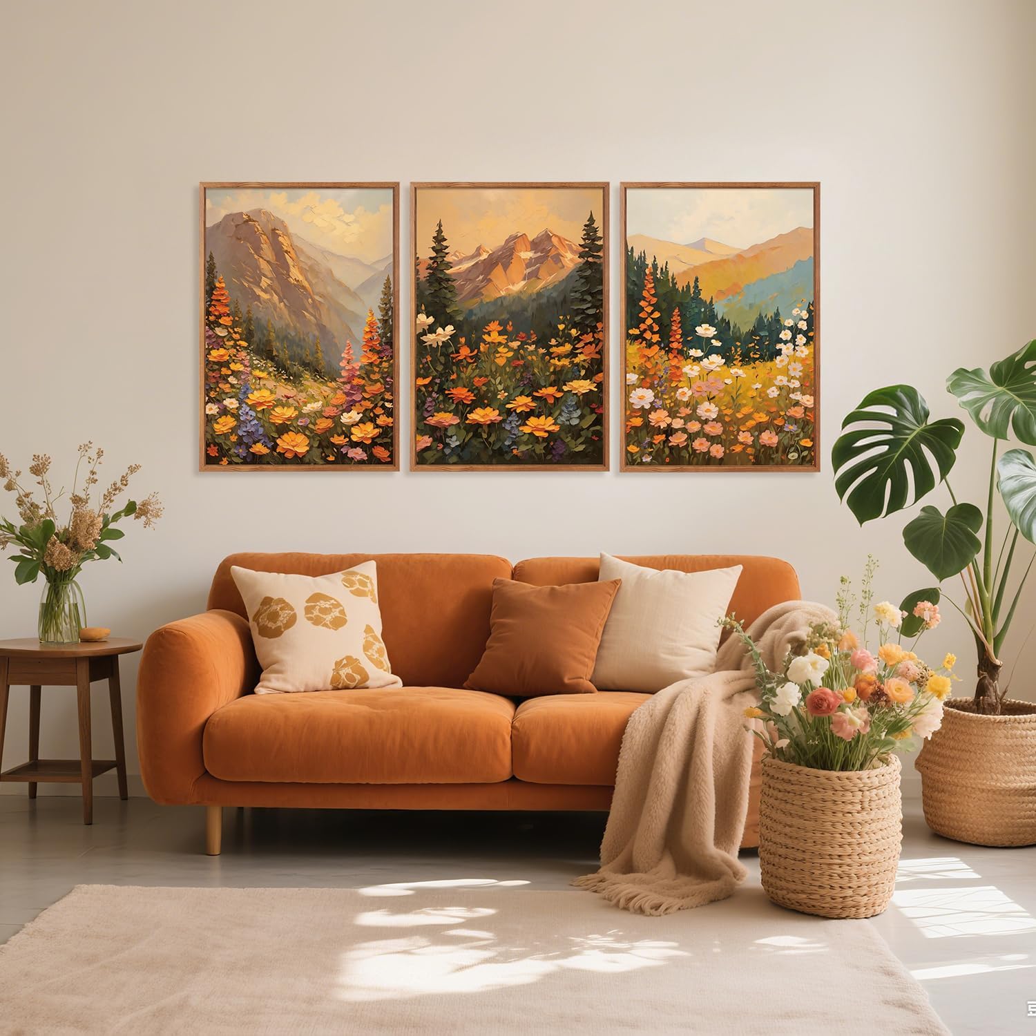 Aurlan Boho Mountain Sunset Landscape Framed Wall Art(16"x24"), 3PCS Large Wildflowers Meadow