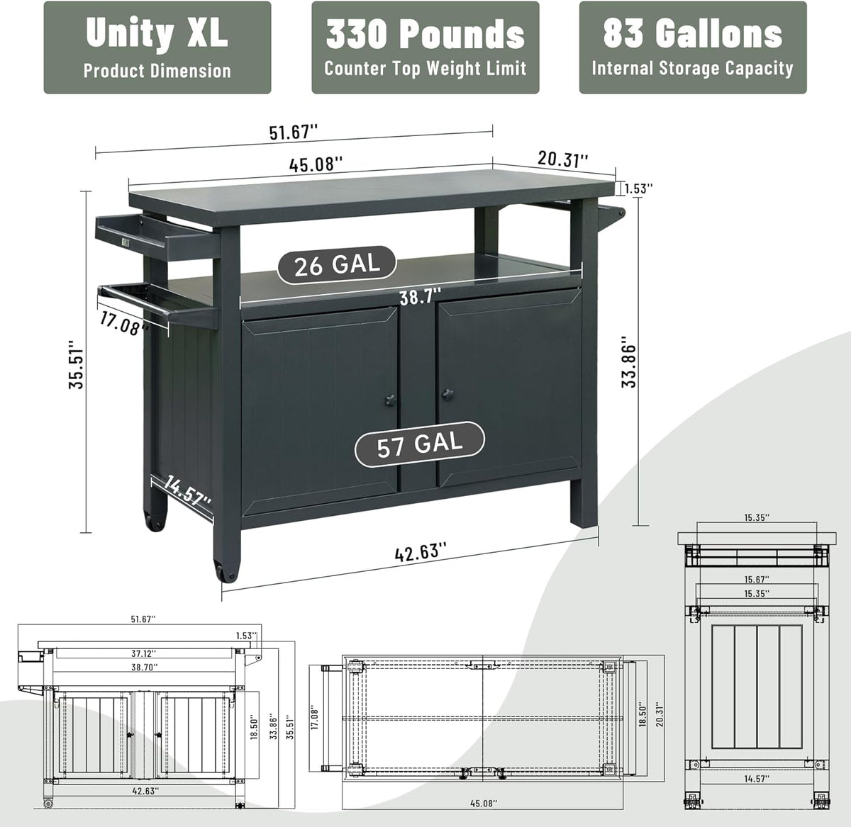 Domi Grill Carts Outdoor Storage Cabinet with Wheels, Metal Outdoor Grill Cart Kitchen Dining Table
