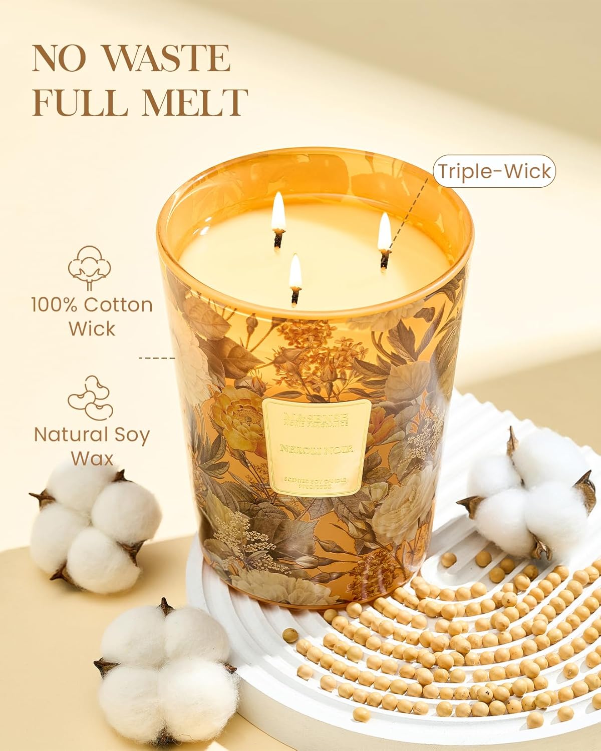 M&SENSE Neroli Noir Scented Candle 3 Wick 35oz 150H Long Lasting, Natural Soy Candles Stress Relief