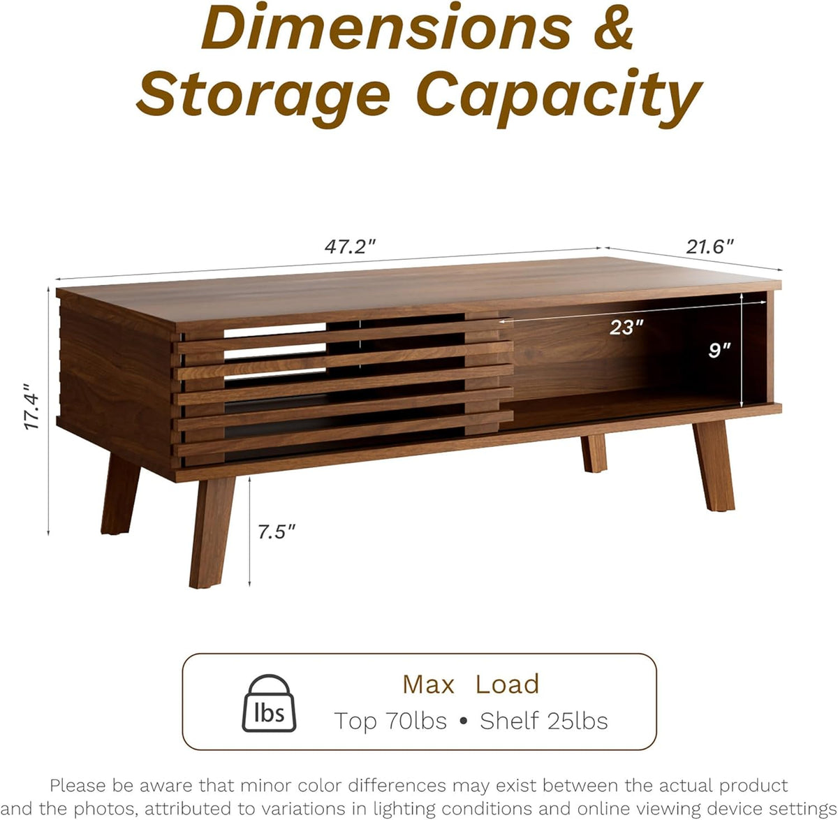 Mid Century Coffee Table with Storage & Sliding Fence Door, Modern Coffee Tables for Living Room