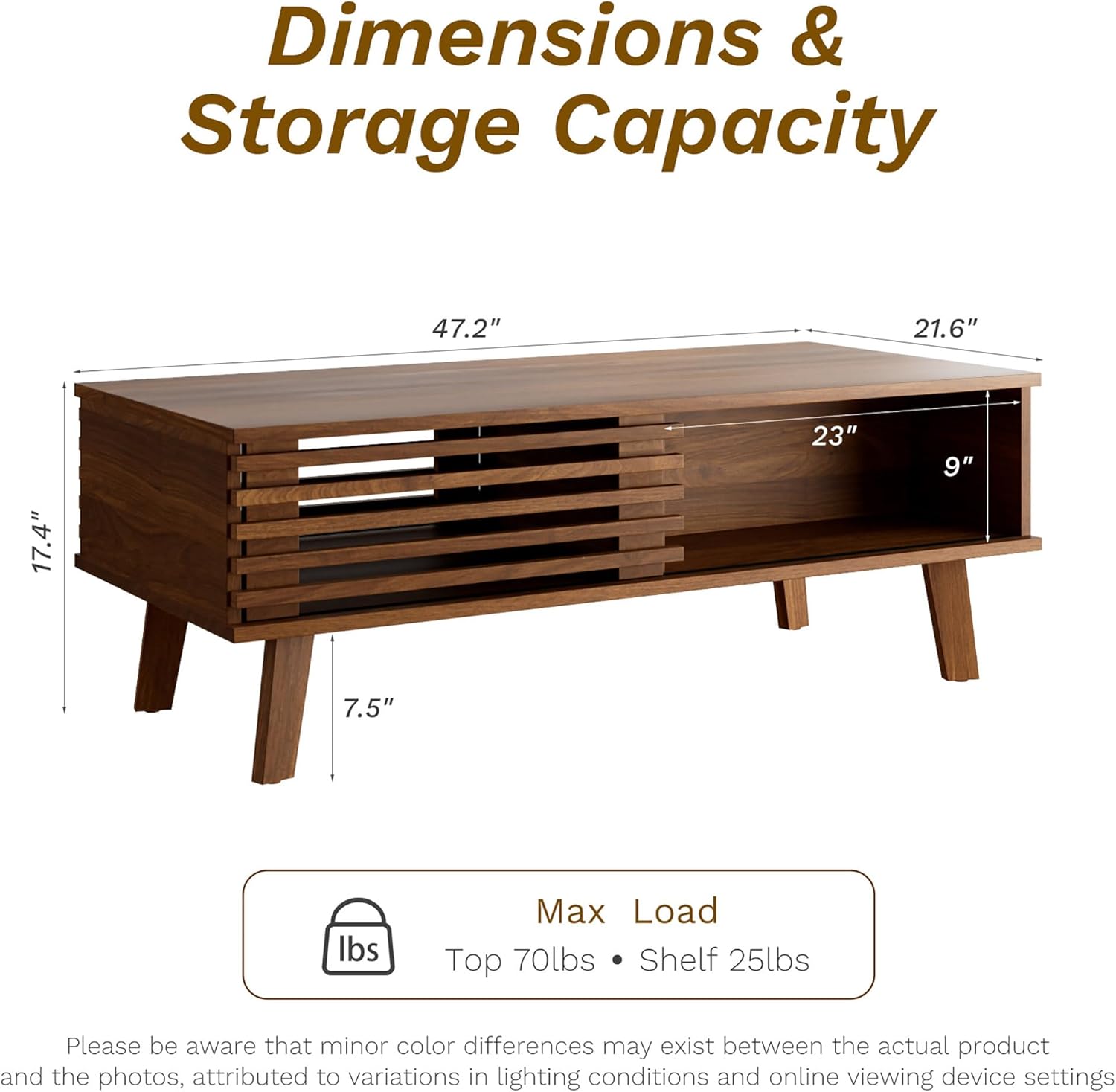 Mid Century Coffee Table with Storage & Sliding Fence Door, Modern Coffee Tables for Living Room