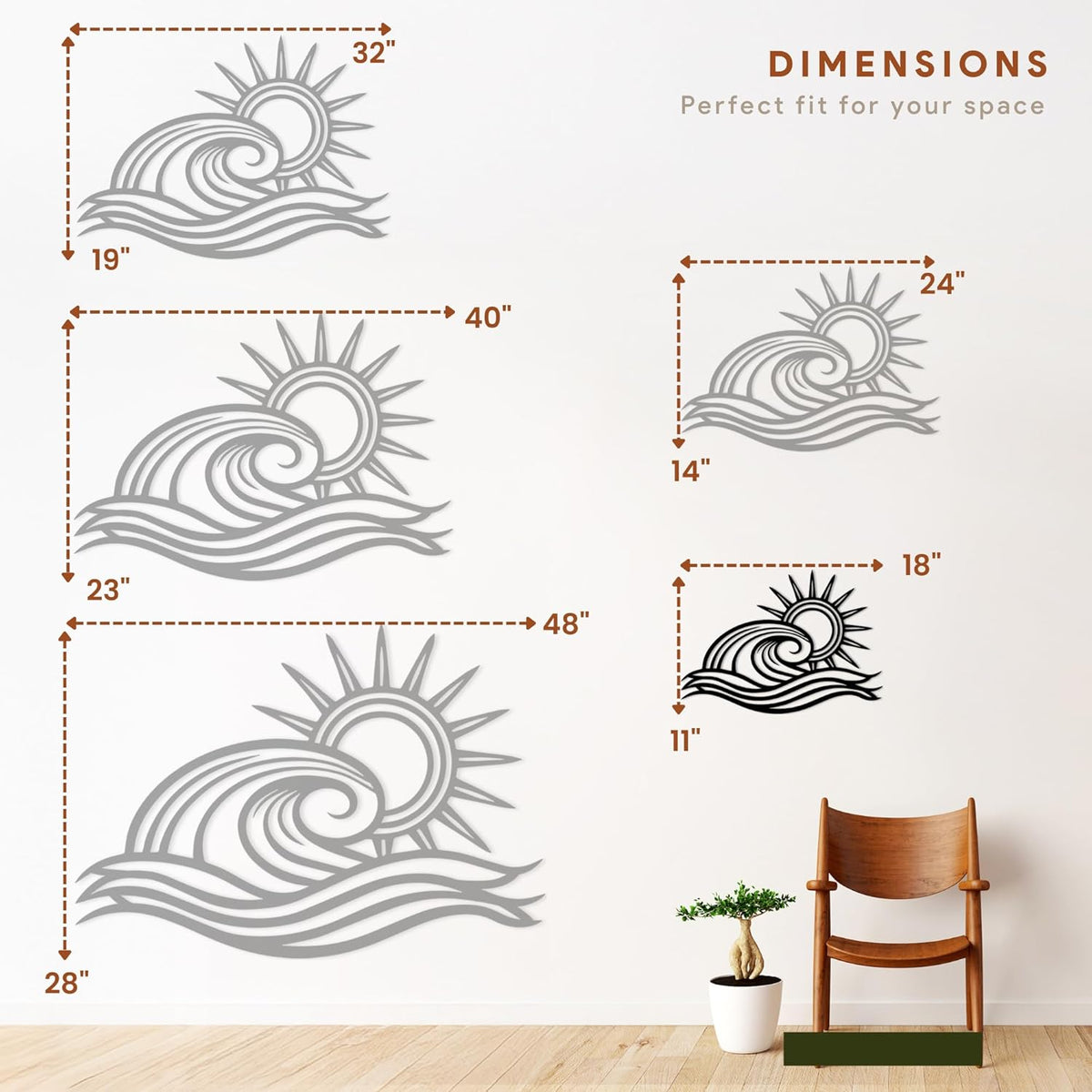 Wita Home Ocean Wave Metal Wall Art, Sun Beach Decor, Coastal Large Wall Sculpture for Home