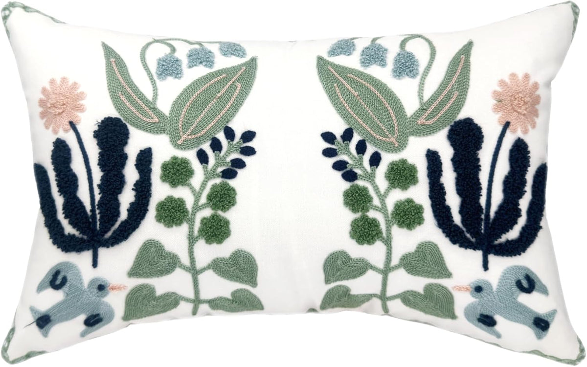 Alysheer Floral Embroidered Summer Lumbar Decorative Throw Pillow Cover 12"x 20", Farmhouse Cottage
