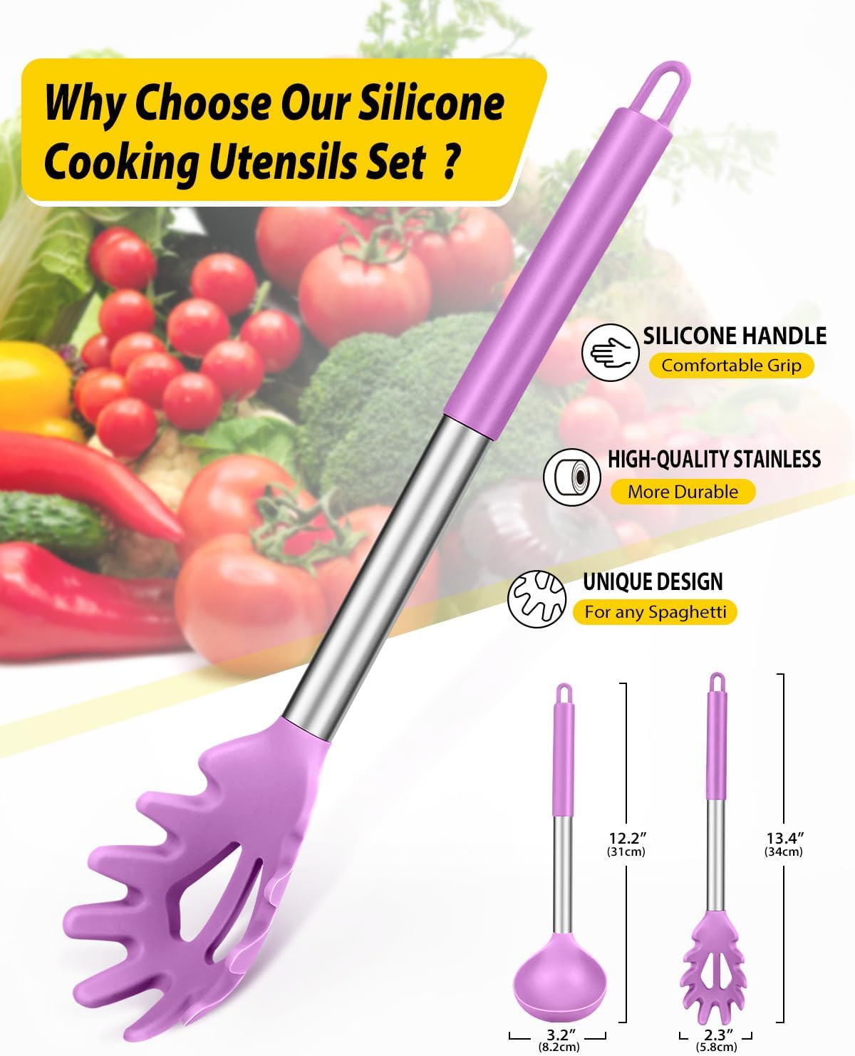 Silicone Pasta Fork and Ladle Spoon Set, Large Non Stick Kitchen Utensils for