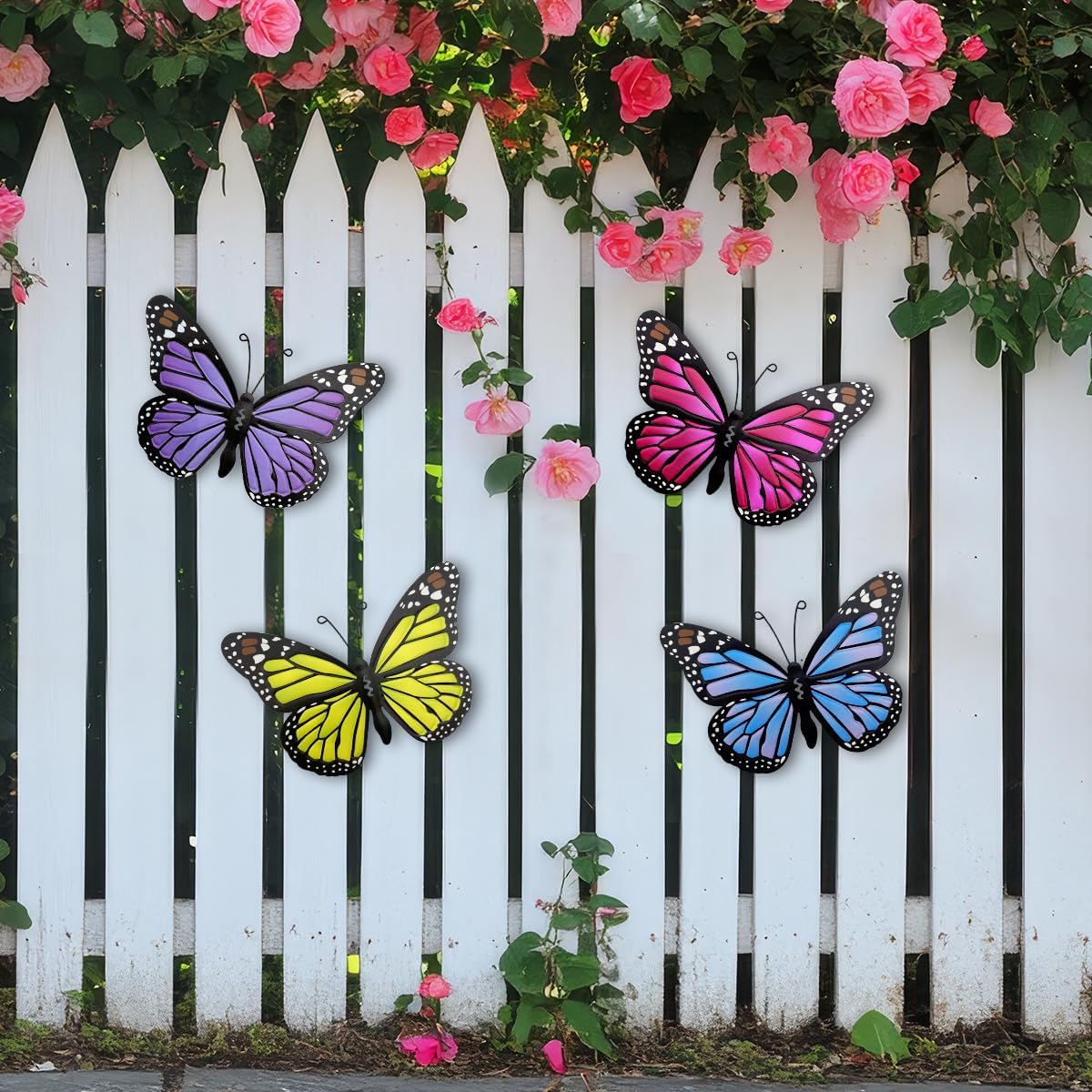 Metal Butterfly Outdoor Decor - 4 Pack 9.8in Butterflies Wall Sculpture Hanging Decor for Outside