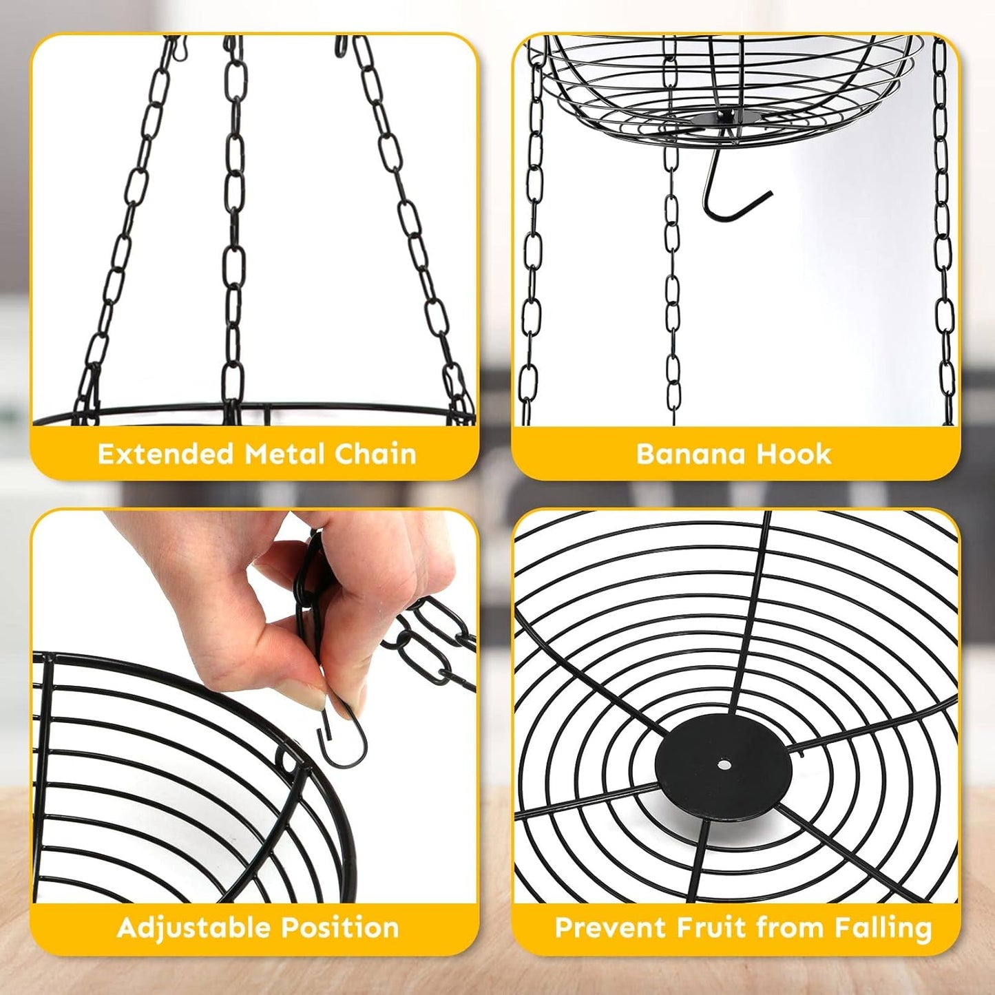 HULISEN 3 Tier Hanging Fruit Basket with Banana Hook, Heavy Duty Wire Hanging Baskets for Kitchen
