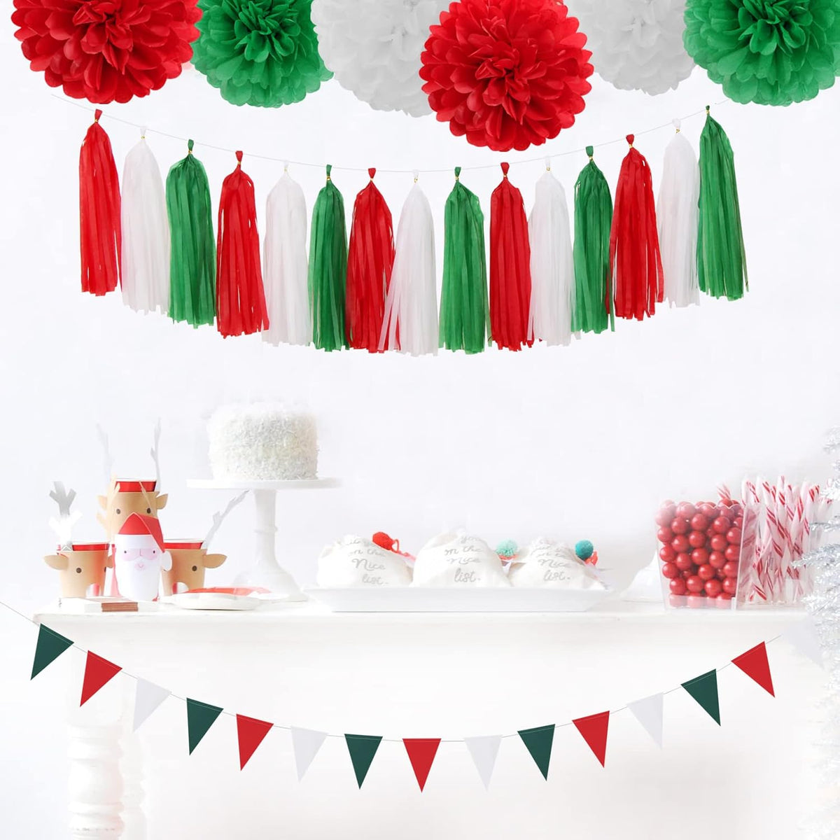 Red-Green White Christmas Party-Decorations Tassel-Garland -15pcs Mexico Italy Tassels Banner