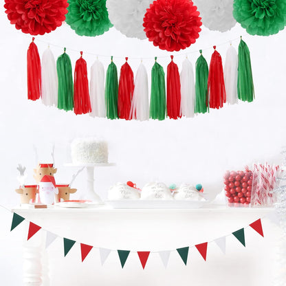 Red-Green White Christmas Party-Decorations Tassel-Garland -15pcs Mexico Italy Tassels Banner
