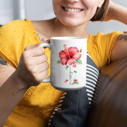 Personalized Hibiscus Blossom Design Mug, Custom Name Vibrant Flower Coffee Cup, Customized Mug For