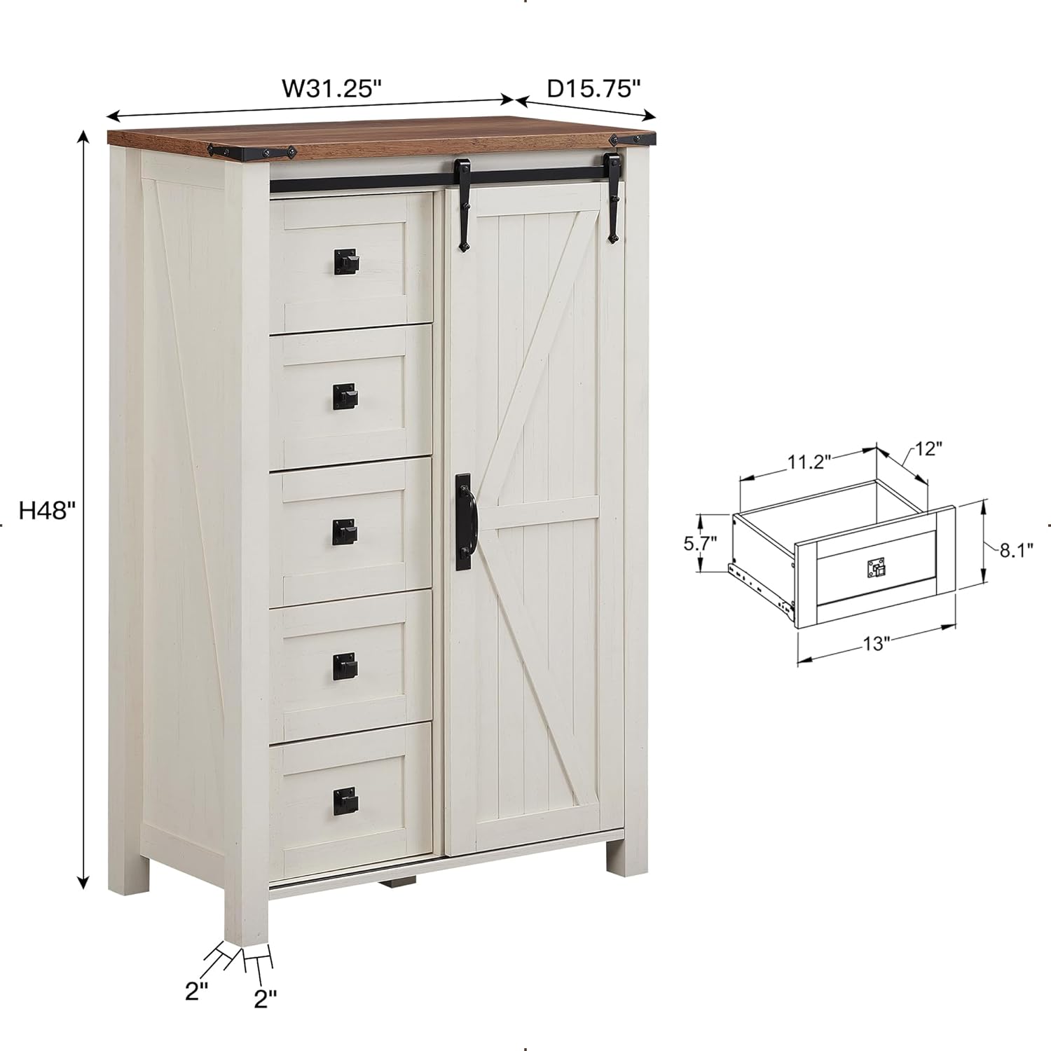 T4TREAM 5 Drawers Dresser for Bedroom w/Sliding Barn Door, Farmhouse Modern Tall Dresser 5 Chest of
