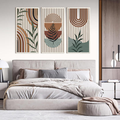IARTTOP Large Abstract Geometric Wood Boho Wall Art Boho Wall Decor Set Mid Century Modern Wooden