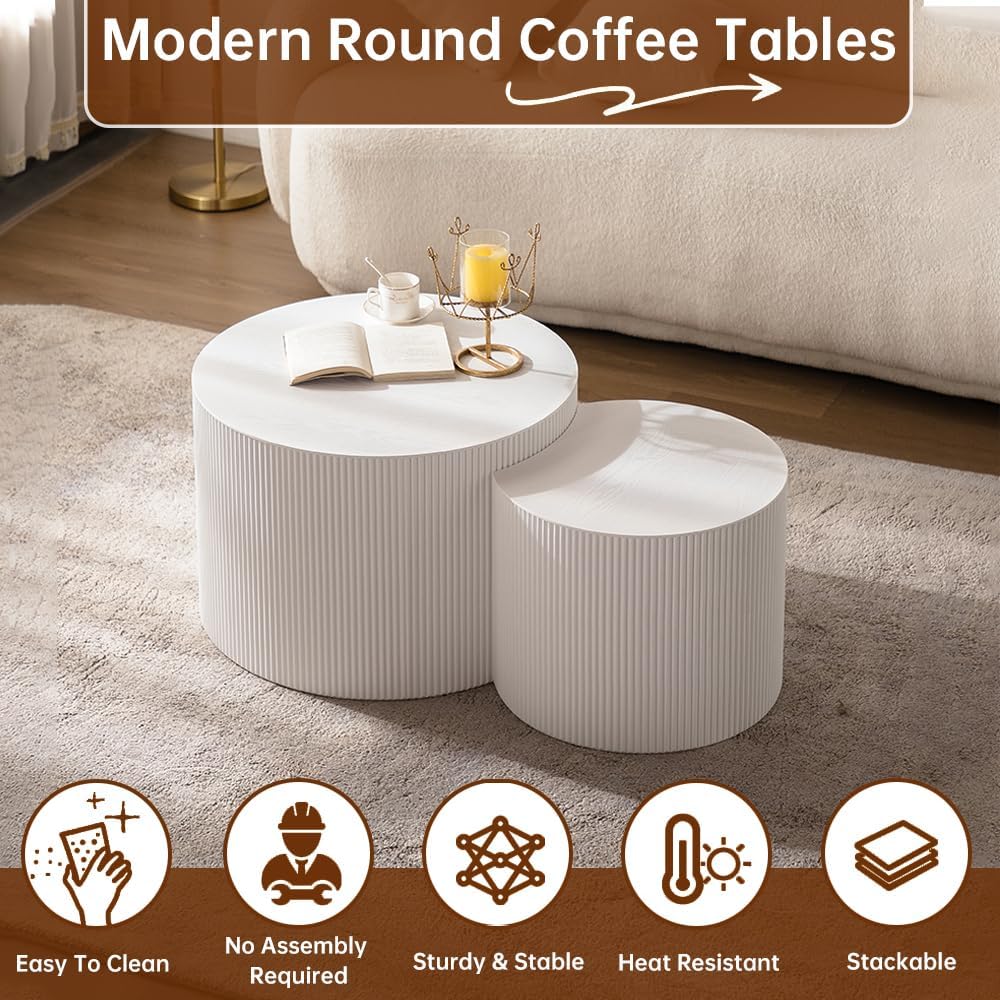 Round Nesting Coffee Table Set of 2 Modern White Fluted Coffee Table Small Round End Table Crescent
