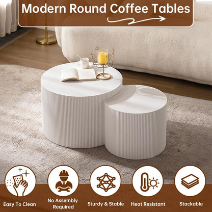 Round Nesting Coffee Table Set of 2 Modern White Fluted Coffee Table Small Round End Table Crescent