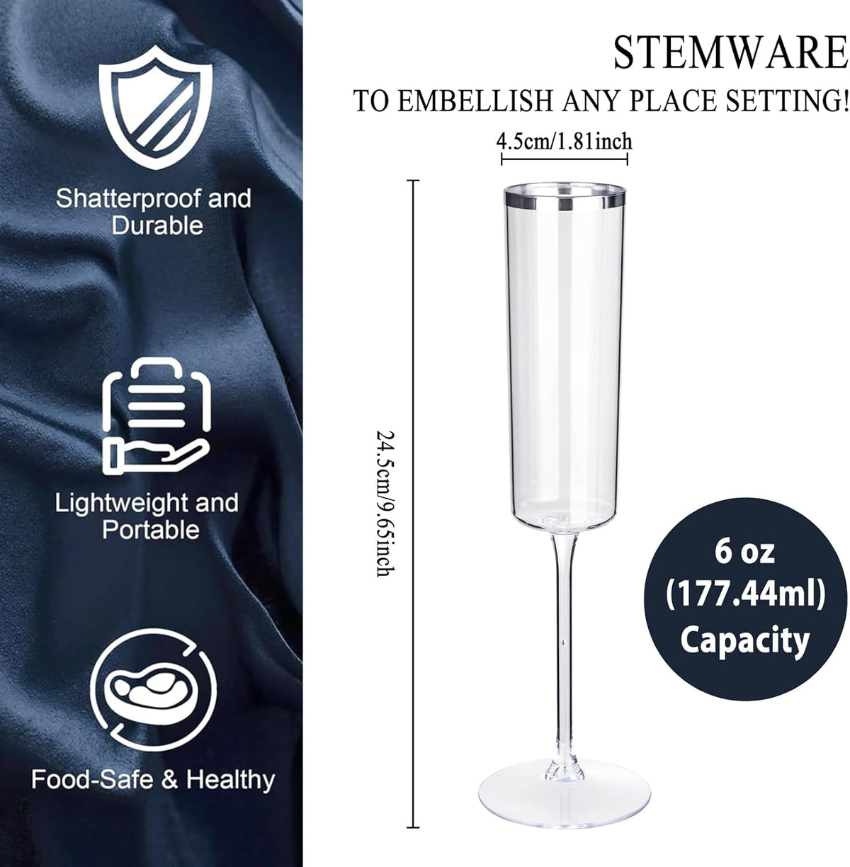 Ciaell 24 Pack Silver Plastic Champagne Flutes - 6 Oz Disposable Champagne Glasses - Square Silver