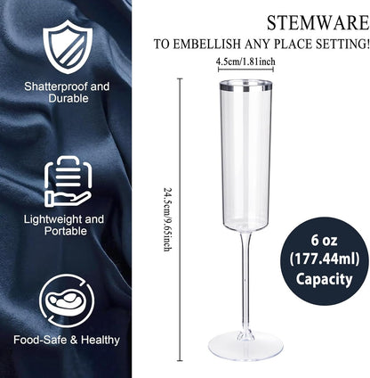 Ciaell 24 Pack Silver Plastic Champagne Flutes - 6 Oz Disposable Champagne Glasses - Square Silver
