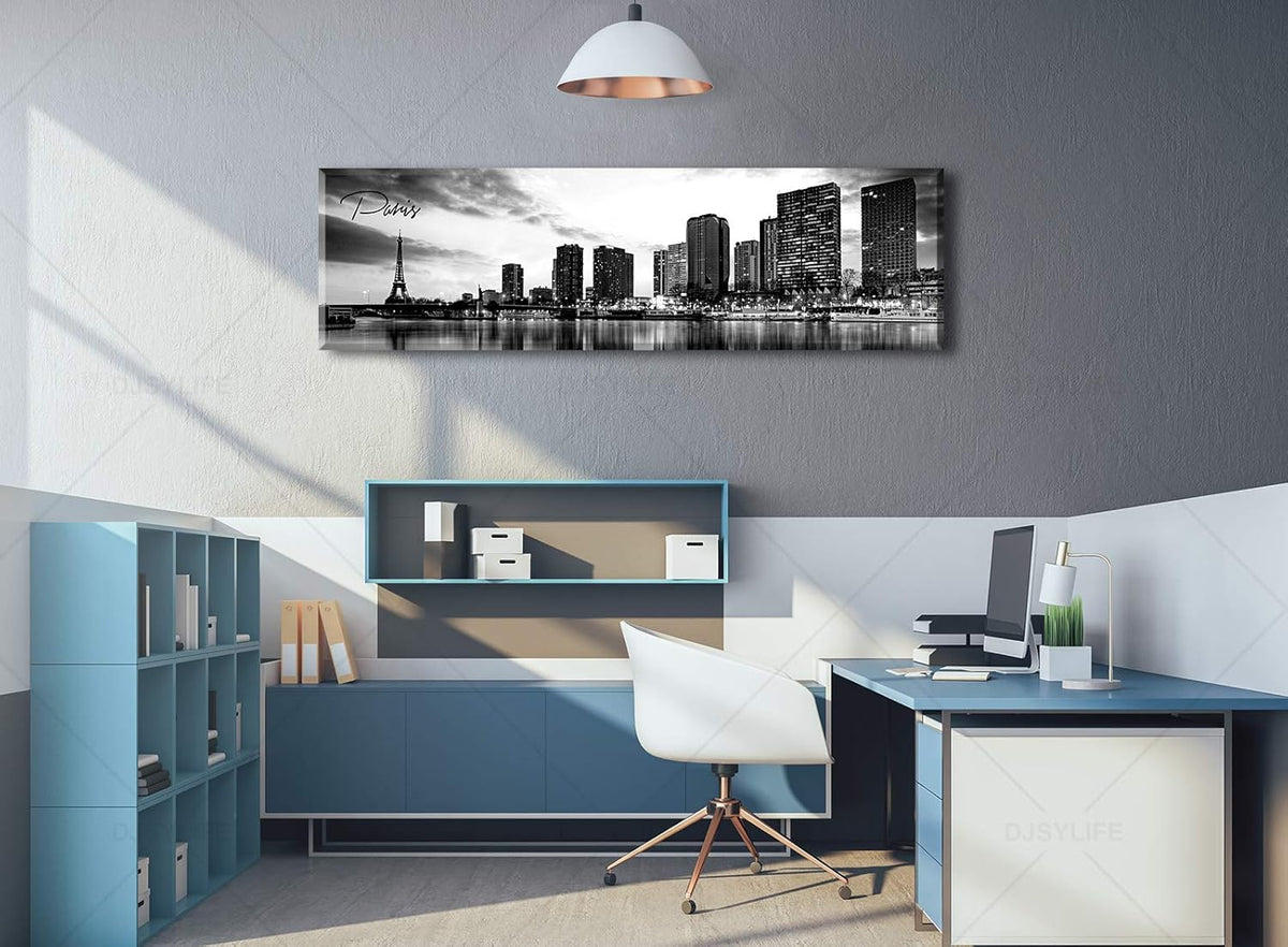 DJSYLIFE Paris Eiffel Tower Skyline Wall Art Black and White Modern City Night View Panoramic