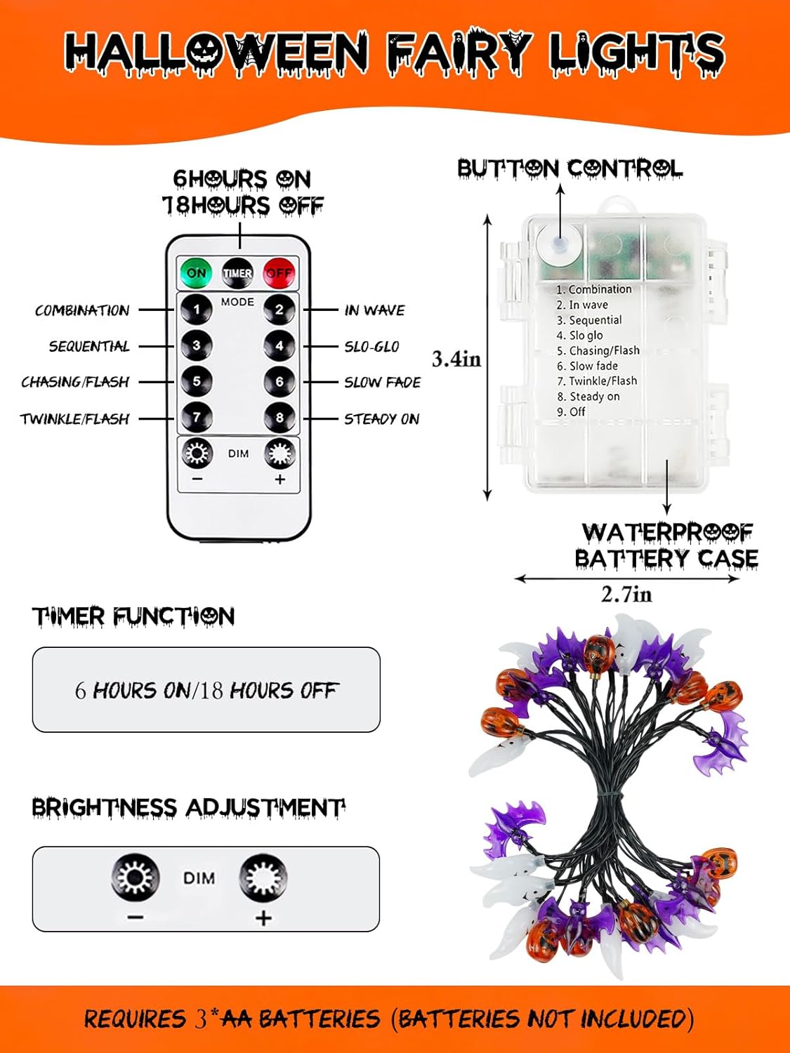 Halloween String Lights, 3D Pumpkin Bat Ghost Fairy Lights Battery Operated with Remote, 30LED