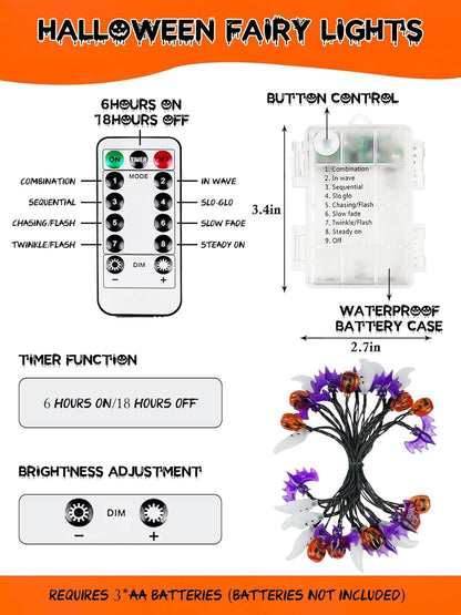 Halloween String Lights, 3D Pumpkin Bat Ghost Fairy Lights Battery Operated with Remote, 30LED