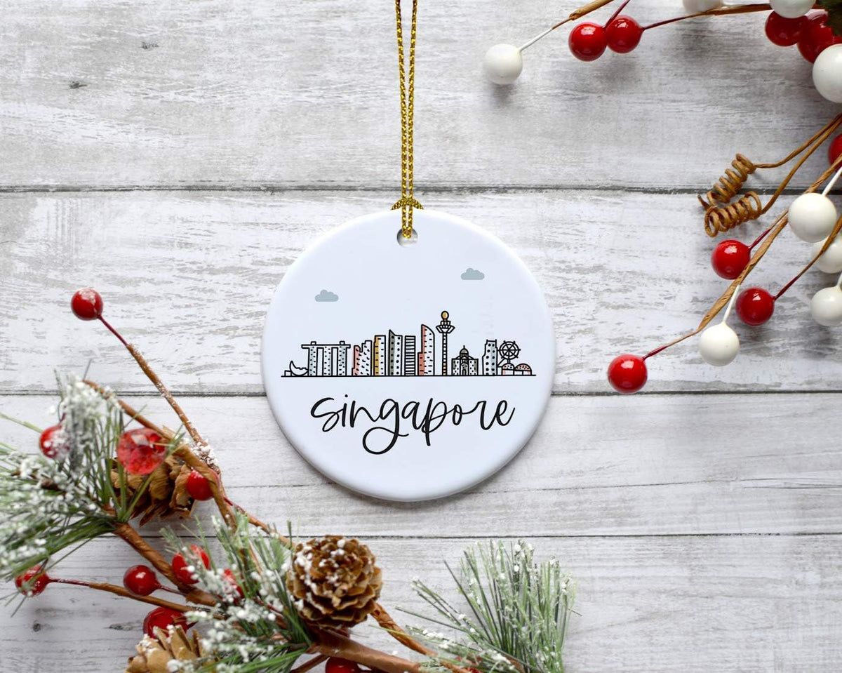 Andaz Press Round Ceramic Porcelain Christmas Tree Ornament Keepsake Gift, Singapore, Colorful