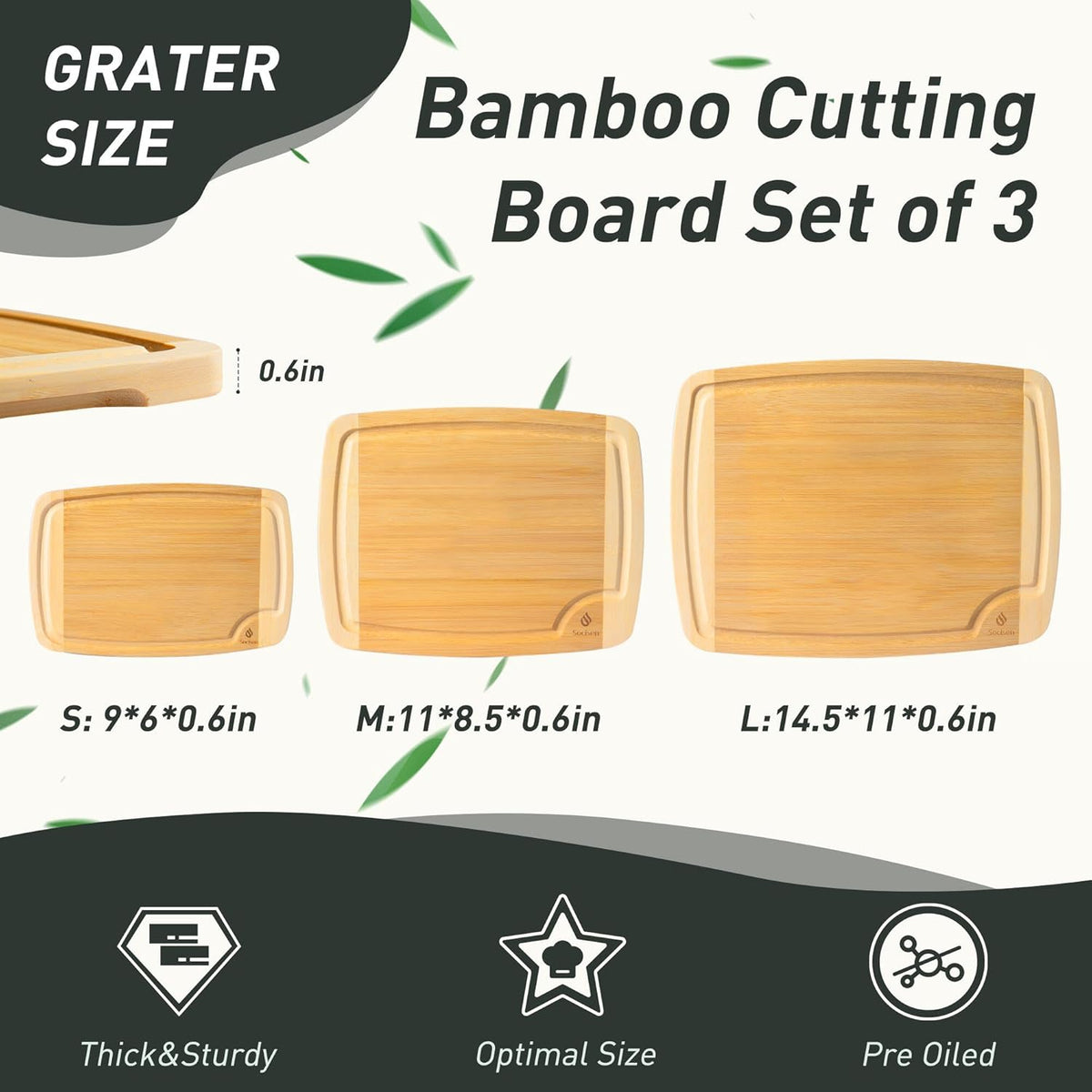 3 packs Bamboo Cutting Board Set Non Slip Feet Over Sink For Kitchen Meal Prep & Serving Brides Her