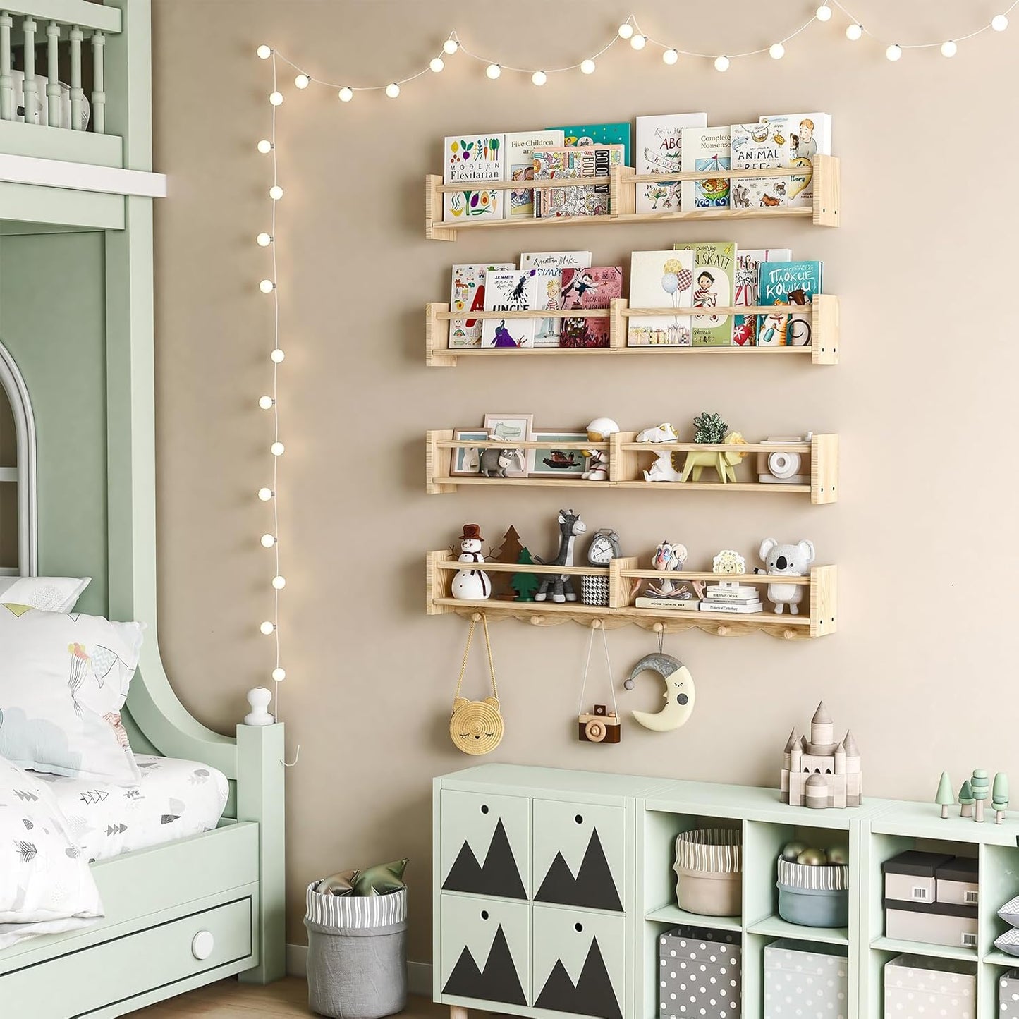 34Inch Nursery Bookshelves,Set of 4,Wall Floating Shelf Kids Coat Rack with 6Hooks,Hanging Book