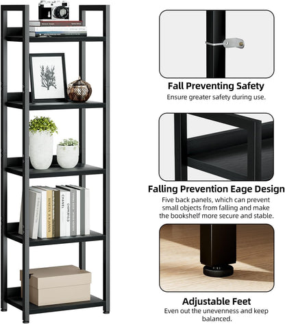 NUMENN Narrow Bookshelf, 5 Tier Bookshelves, Home Office Bookcase Shelf Storage Organizer, Free