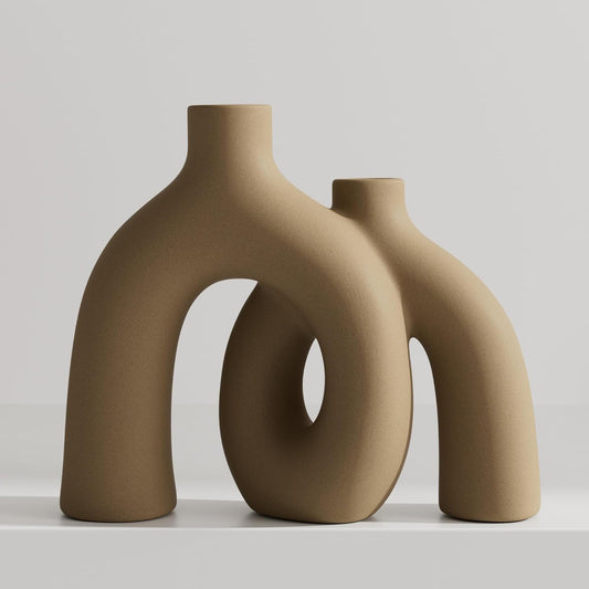 Hug Donut Decorative Vase Set - Tan Modern Rustic Farmhouse Style Vases Home Decor,Matte Ceramic