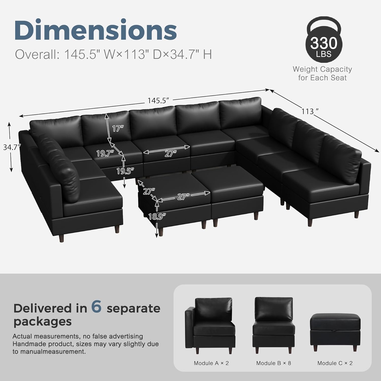 ABCASA Oversized 145.5" Faux Leather Modular Sectional Sofa, Modern Large 12 Seater U Shaped Couch