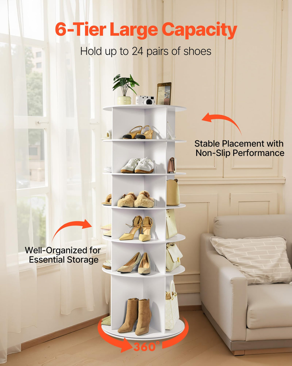 VEVOR 6 Tiers Rotating Shoe Rack Tower, 360° Spinning Shoe Rack, Revolving Storage Round Carousel