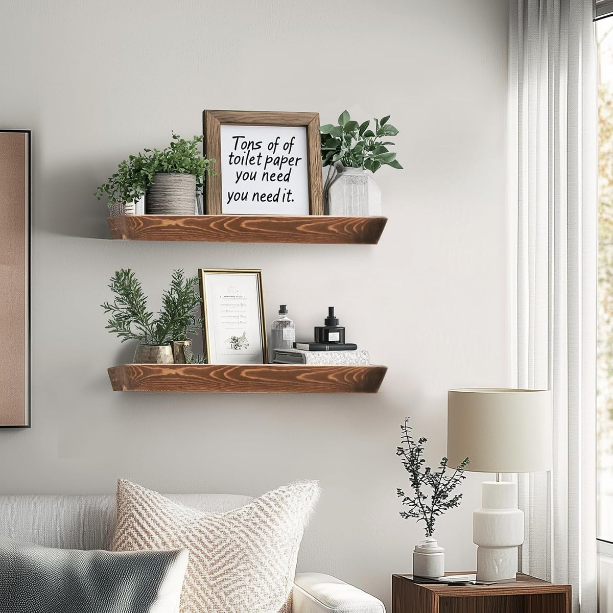 16"x6.8"x1.6" Slanted Floating Wall Shelves 2-Pack - Rustic Brown Finish, Heavy-Duty Solid Wood