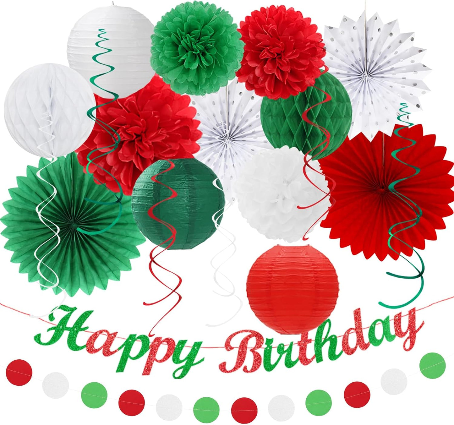 Red White Green Mexican Christmas Birthday Party-Decorations - 21pcs Happy Banner,Paper Lanterns