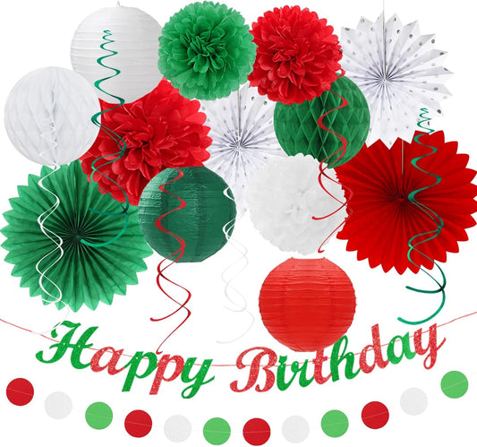 Red White Green Mexican Christmas Birthday Party-Decorations - 21pcs Happy Banner,Paper Lanterns