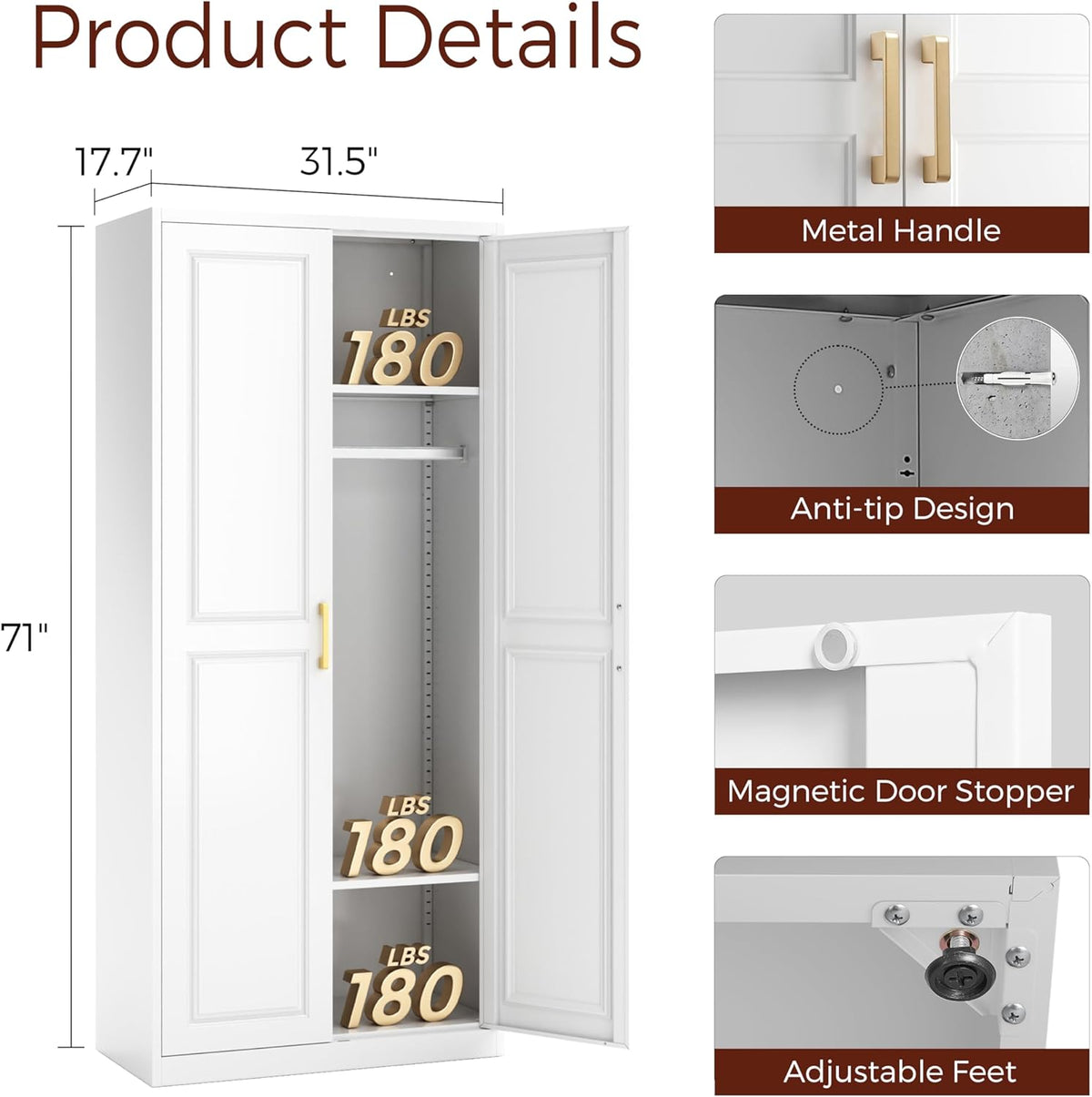71" Metal Armoire Wardrobe Closet with 2 Doors, Tall Wardrobe Cabinet with Hanging Rod and