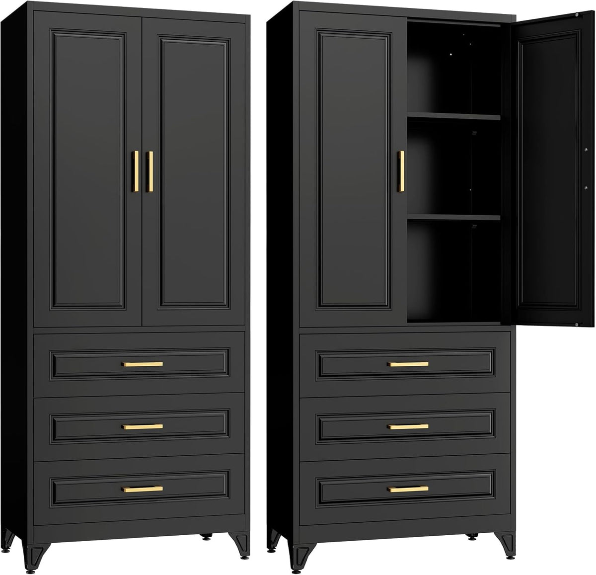 75" Kitchen Pantry Cabinet with 3 Drawers,Metal Storage Cabinets with Doors and 4 Adjustable