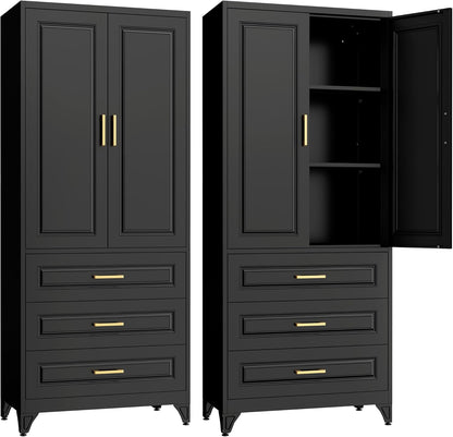 75" Kitchen Pantry Cabinet with 3 Drawers,Metal Storage Cabinets with Doors and 4 Adjustable