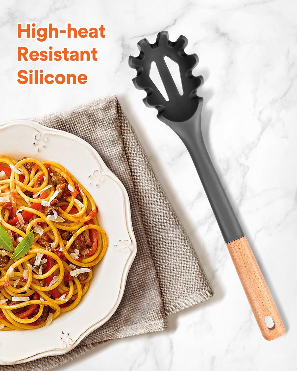 Silicone Pasta Fork, Kitchen Heat Resistant Noodle Spoon Server, BPA Free Spaghetti Strainer,12.8