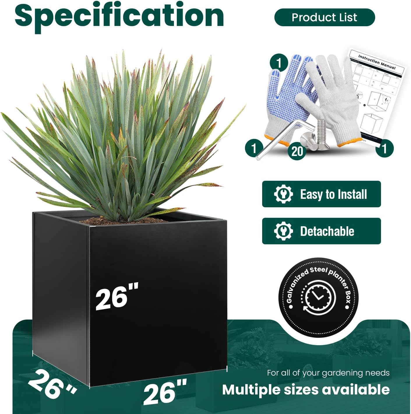 Galvanized Steel Planter Box Black Metal Planter Large Square Indoor Outdoor Planters Cube Steel