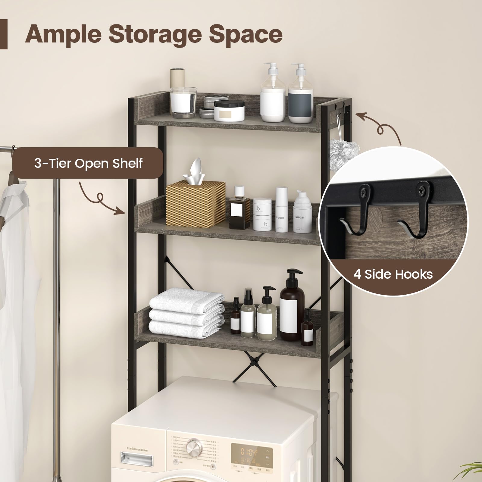 Giantex Over The Toilet Storage Shelf, 3-Tier Freestanding Space Saver Above Toilet with 4 Hooks