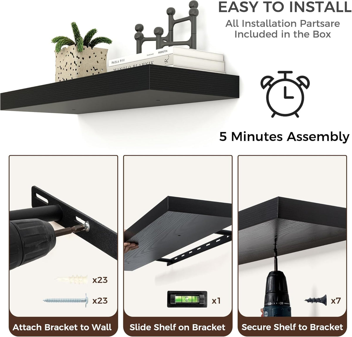 Floating Shelves - 2 Large Wall Mounted Shelves with Invisible Brackets, Long Wood Floating Wall