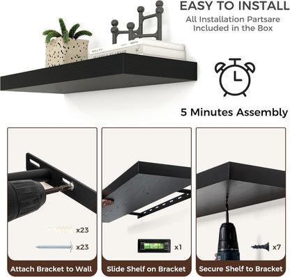 Floating Shelves - 2 Large Wall Mounted Shelves with Invisible Brackets, Long Wood Floating Wall