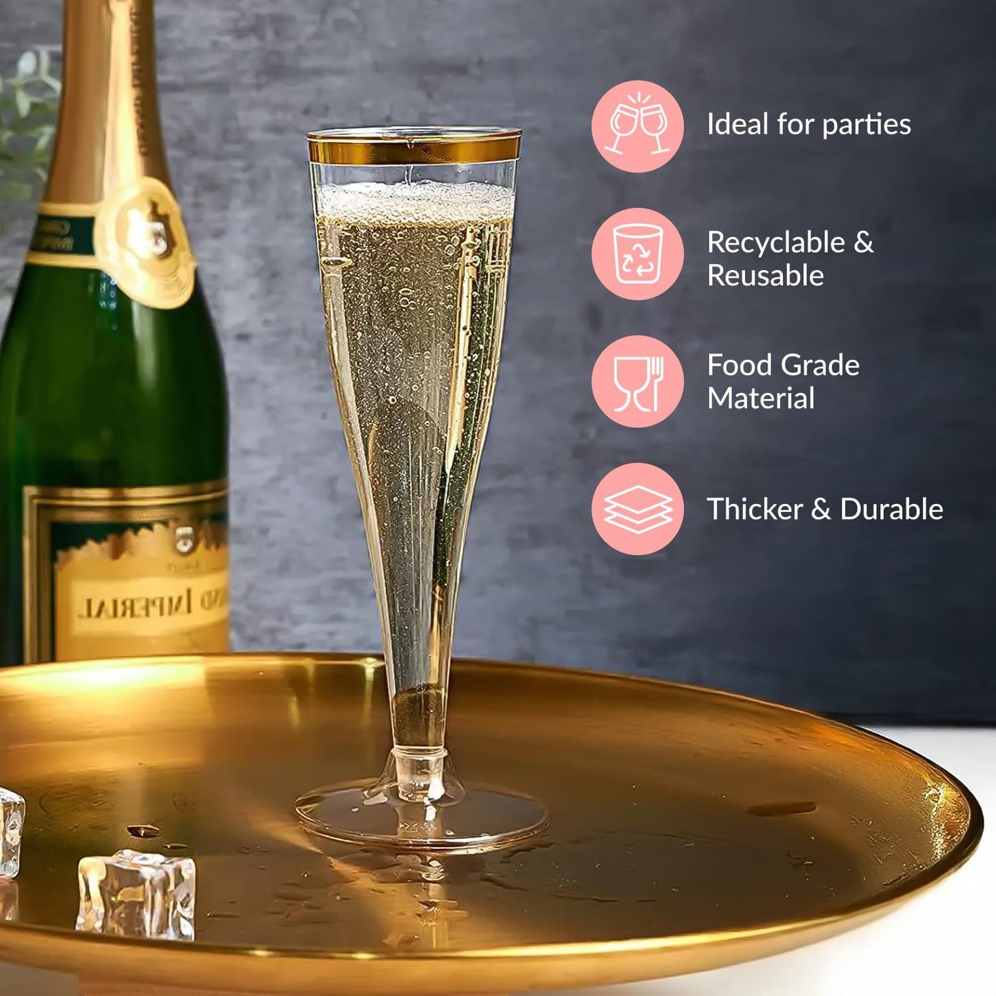 Prestee 48 Disposable Plastic Champagne Flutes with Gold Rim Glitter - Clear Toasting Glasses for