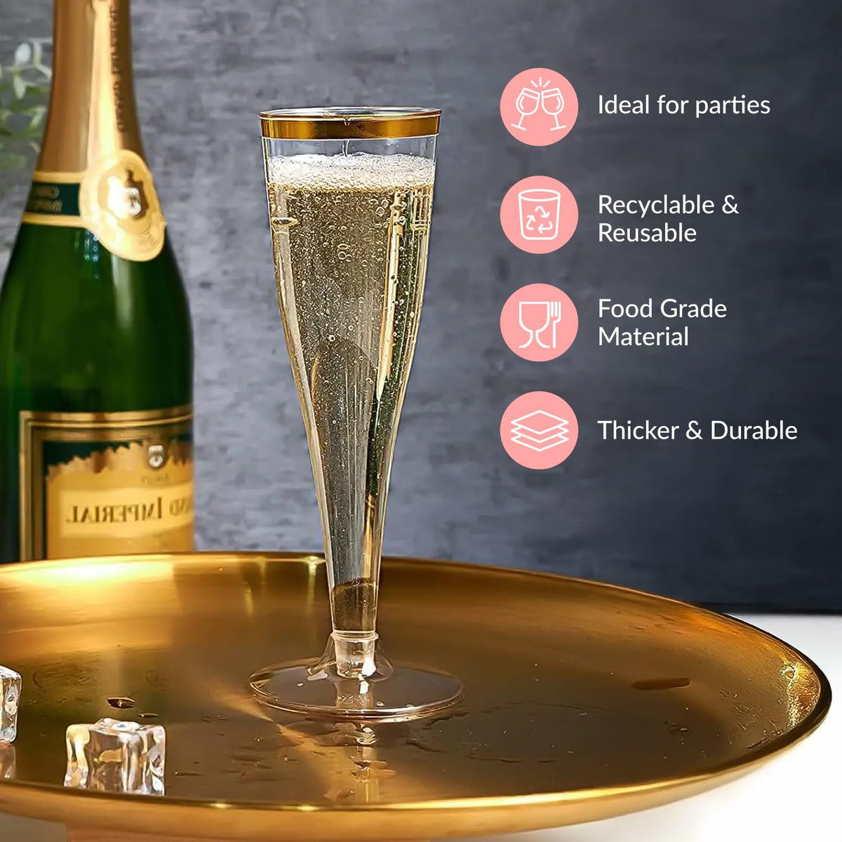 Prestee 48 Disposable Plastic Champagne Flutes with Gold Rim Glitter - Clear Toasting Glasses for