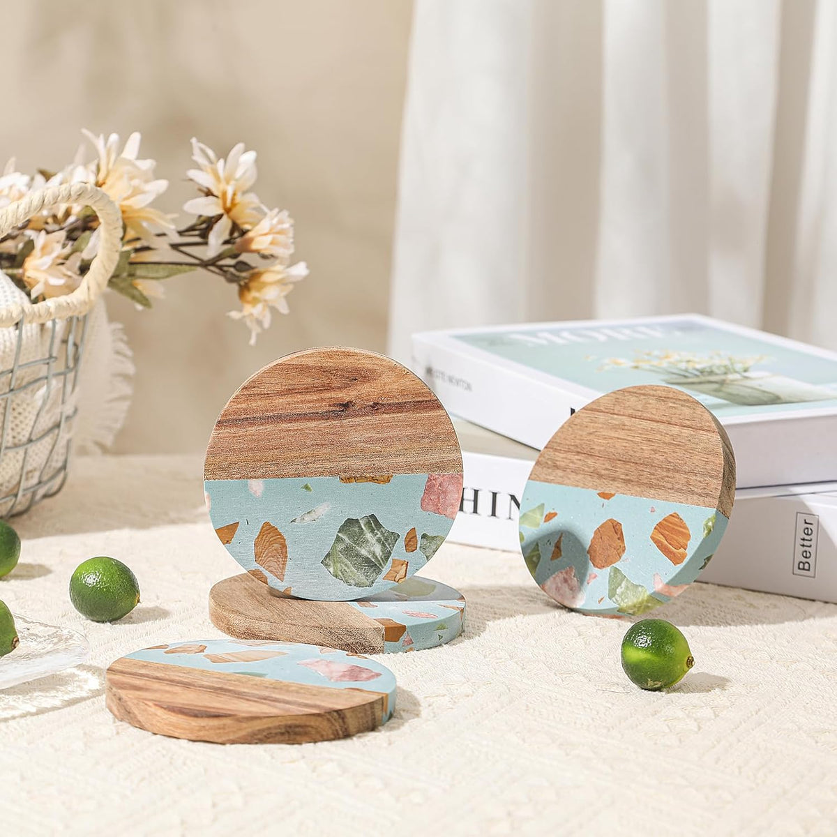 Drink Acacia Wood-Marble Coasters Set of 4,Cup Coaster for Coffee,Beverage,Cute Modern Cool
