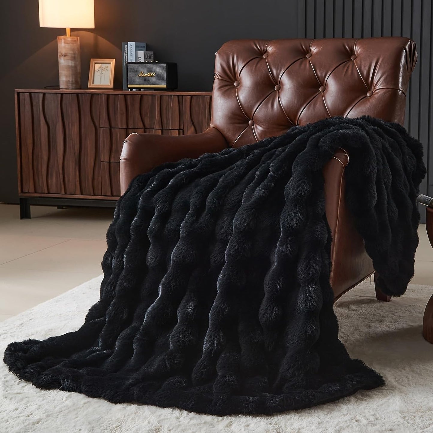 Lotus Karen Faux Fur Blanket Black - Big Bubble Rabbit Fluff King Throw for The Bed Large Fluffy
