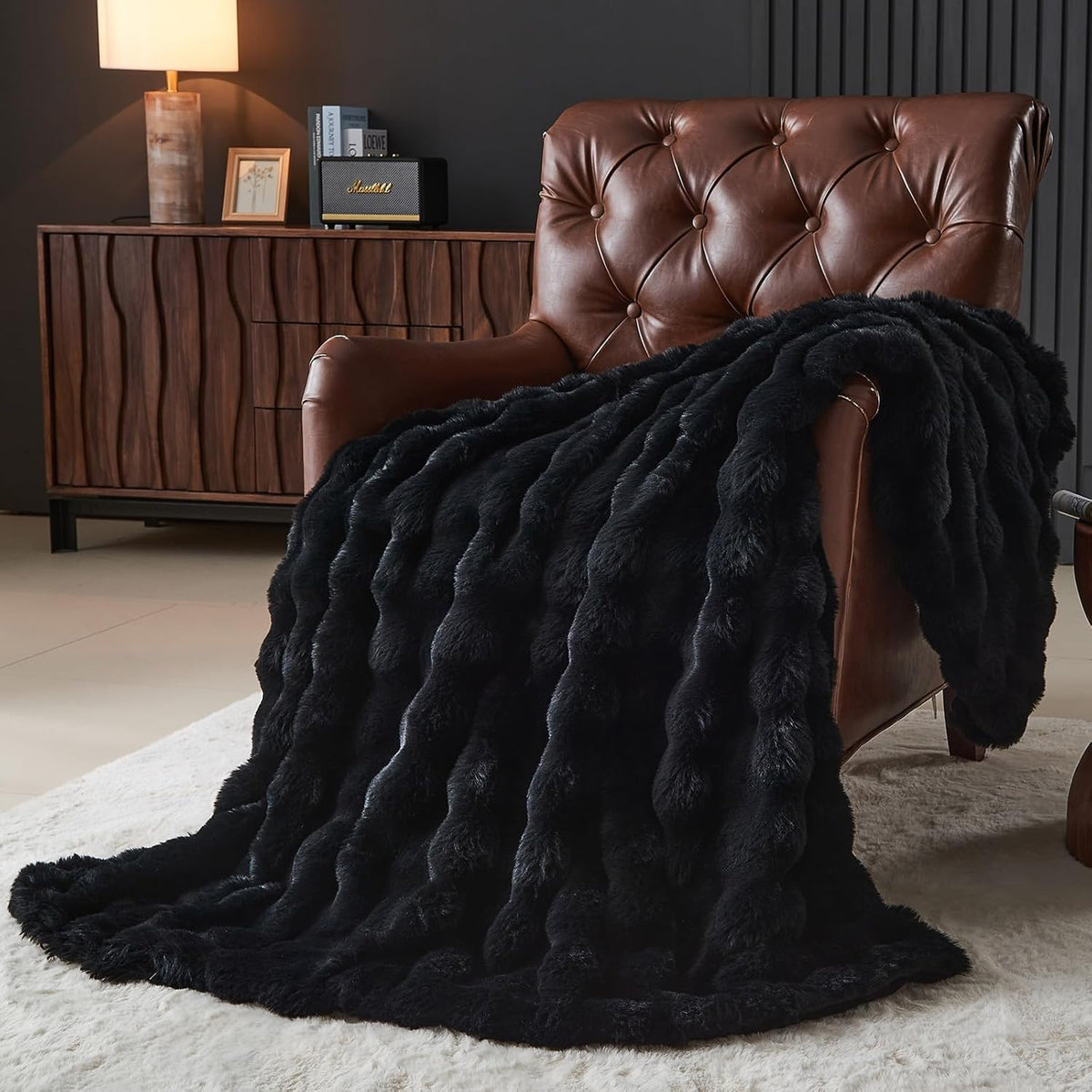 Lotus Karen Faux Fur Blanket Black - Big Bubble Rabbit Fluff King Throw for The Bed Large Fluffy