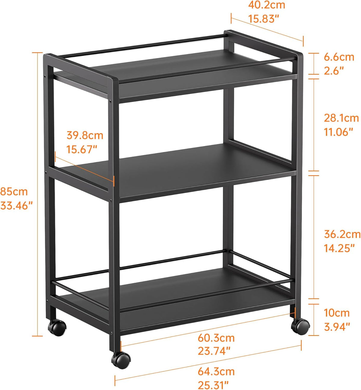 HITNET Bar Cart Black, Serving Cart for Home, 3 Tier Drinks Cart with Wheels, Rolling Beverage Cart