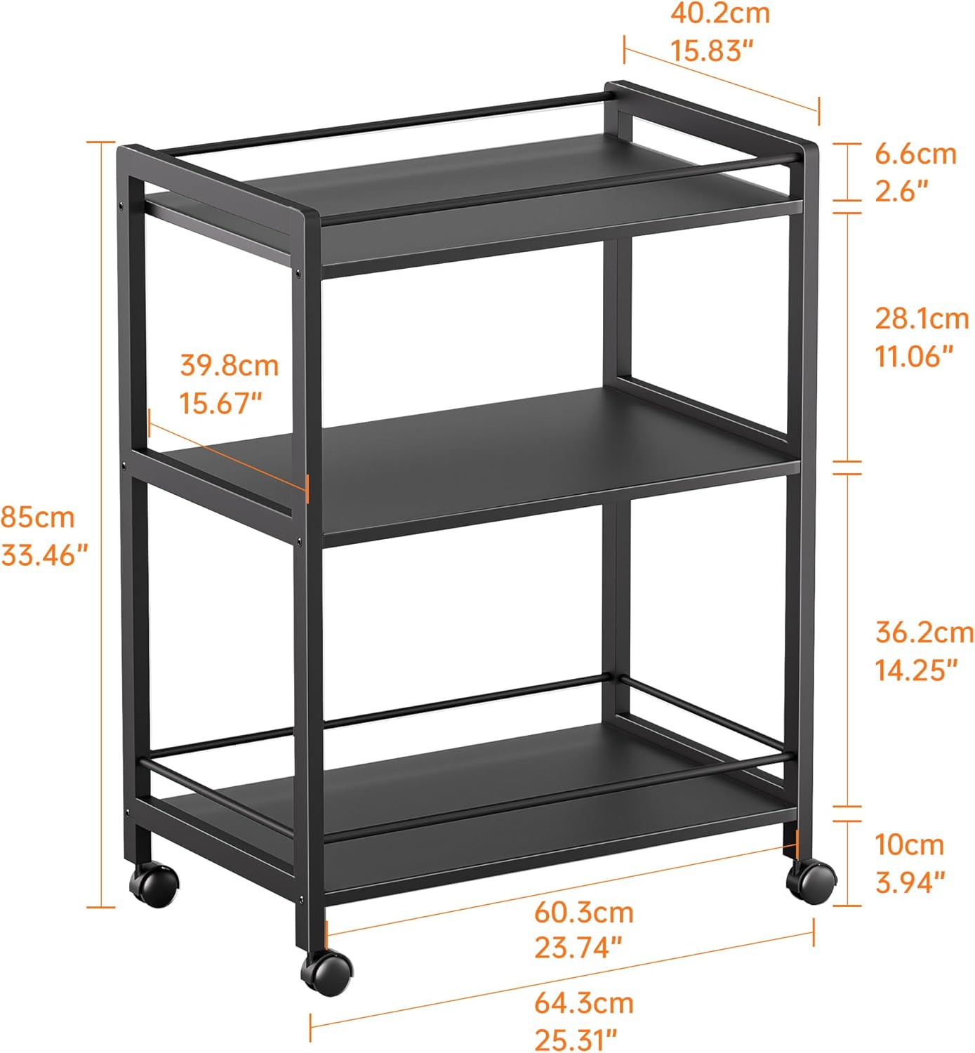 HITNET Bar Cart Black, Serving Cart for Home, 3 Tier Drinks Cart with Wheels, Rolling Beverage Cart