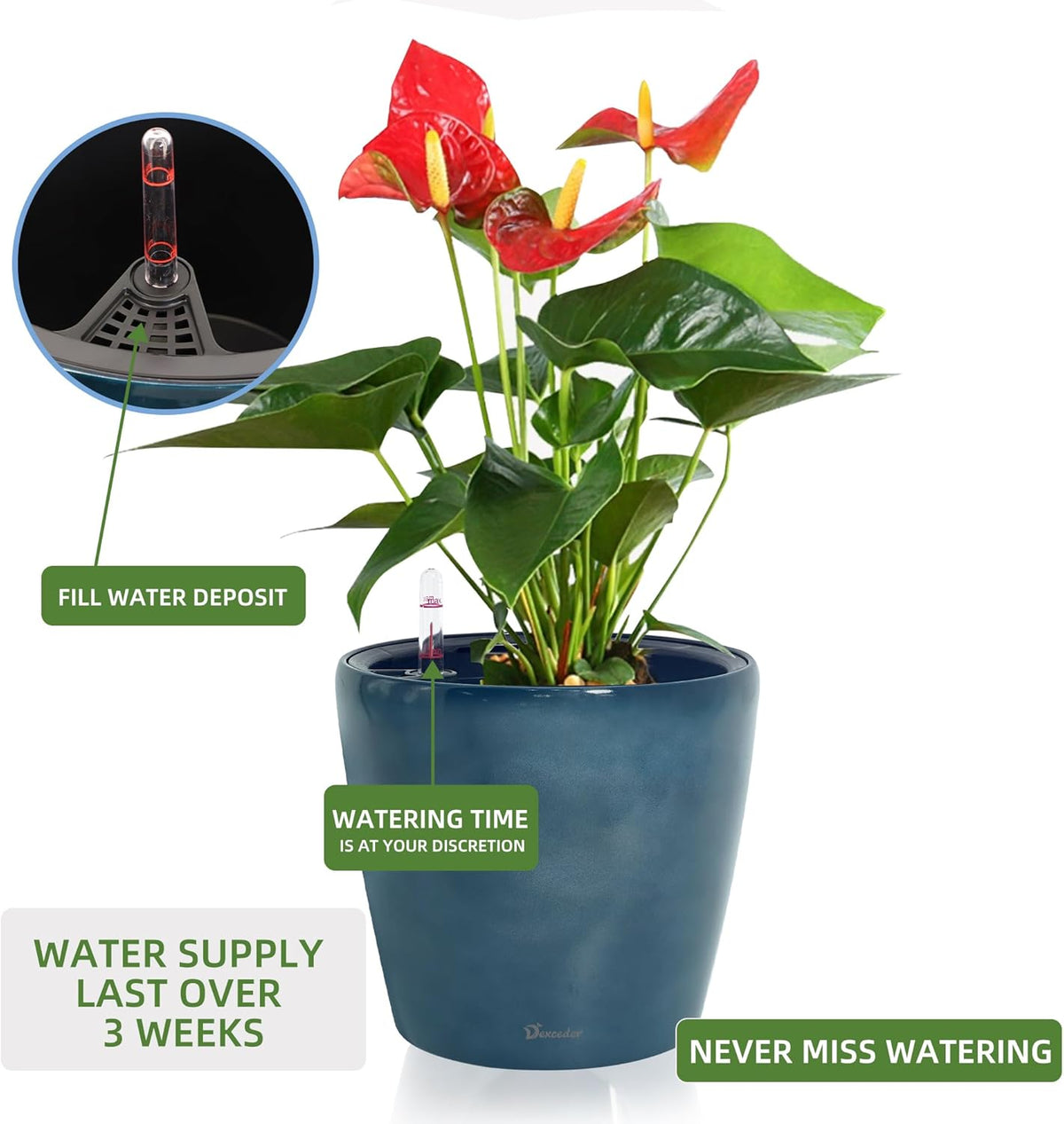 Dexceder 11x10 Inches Self Watering Planter Indoor Outdoor, Inner Pot Design, Thickened Table